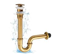 KINKIBOS Sifone a P in acciaio inox e scarico in ottone, 3,8 cm x 32 mm, universale per lavabo e lavabo con troppopieno, altezza regolabile in altezza, finitura spazzolata in ottone anticato