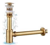 KINKIBOS, sifone a P in ottone con troppo pieno, set di sifone per lavandino in ottone G1 1/4, regolabile in altezza, blocca i cattivi odori, scarico pop-up per tubi di scarico idraulici, ottone