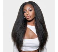 Kinky - Parrucca con capelli umani e capelli umani completamente lisci | Pull Go - Parrucca da donna, densità 210%, naturale, senza colla, pre-tagliata, con coulisse, per donne di colore 50,8 cm