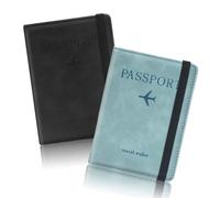 kinoco Porta passaporto con blocco RFID (confezione da 2) - Organizer da viaggio in pelle PU con scomparti per carte di credito, accessori da viaggio per uomini e donne, set nero e blu