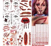 Kinretixia 12 pezzi di tatuaggi temporanei cicatrice e gemme rosse per il viso, set di make-up di Halloween, adesivi per feste, tatuaggi di Halloween, tagli, volto spaventoso, ferite