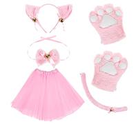 Kinsinder Costume Gatto Bambina, Peluche Artiglio Guanti Gatto Gattino Orecchie Coda Collare Zampe Carino Gonna Tutu Adorabile Costume per il Set per Bambini e Adulti