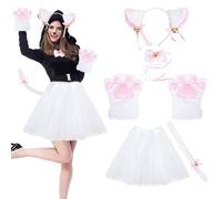 Kinsinder Costume Gatto Bambina, Peluche Artiglio Guanti Gatto Gattino Orecchie Coda Collare Zampe Carino Gonna Tutu Adorabile Costume per il Set per Bambini e Adulti (Bianco)