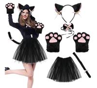 Kinsinder Costume Gatto Bambina, Peluche Artiglio Guanti Gatto Gattino Orecchie Coda Collare Zampe Carino Gonna Tutu Adorabile Costume per il Set per Bambini e Adulti (Nero)