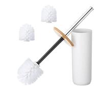Kinsinder Scopino e supporto per WC con manico in bambù con 3 testine della spazzola, spazzola per la pulizia del bagno dal design moderno per la pulizia profonda della tazza del WC (bianco)