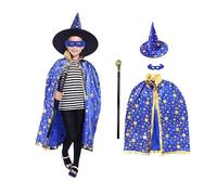 Kinwers Costume Stregone Bambino,Mantello Blu Vestito Halloween Adesivo Iniettato di Sangue per 6/7/8/9/10 anni