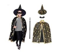 Kinwers Costume Stregone Bambino,Mantello Nero Vestito Halloween Adesivo Iniettato di Sangue per 6/7/8/9/10 anni