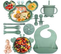Kinyoda Cofanetto pasto bebe 10 pezzi piatti antiderapanti silicone ventosa forca cucchiaio bavaglino set posate mangiare