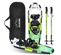 KinZon Racchette da neve 3 in 1, leggere e resistenti, con bastoni da trekking e borsa da trasporto, dispositivo di sollevamento del tallone,per escursioni (Verde, 63,5 cm(per54-86 kg))