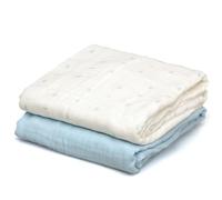 Kiokids | Set 2 Mussole Blu e Bianche Stampate | Collezione Petit Moments | 70% bambù e 30% cotone | Ultra morbido | Antibatterico e termoclimatico | Protettore UV |+0 mesi | 120x120cm