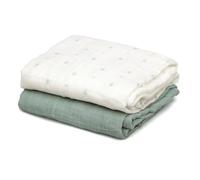 KIOKIDS | Set di 2 mussola salvia bambù bianco stampato | 70% bambù e 30% cotone | proprietà termiche | anti-umidità e antibatterico | protezione UV | 120 x 120 cm | verde salvia