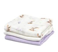 Kiokids | Set di 3 coniglietti di mussola, lavanda e bianco | Collezione Petit Moments | 70% bambù e 30% cotone | Ultra morbido | Antibatterico e termoclimatico | Crema solare UV | +0 mesi | 70x70cm