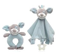 Kiokids | Set Doudou e Sonaglio Blu Puppy per Bambino | Peluche con massaggiagengive | Ideale per il sonno e la dentizione | Design sicuro e dolce che porta tranquillità di notte | Adatto per +0 mesi