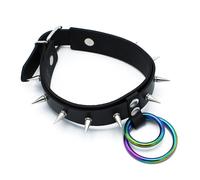 Kiotos Leather Spiked Collar Double Rainbow O-Ring Black
