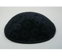 Kippah con motivo di stelle di David nero in velluto, goffrato, con stelle di David