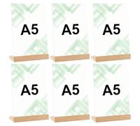 kiptyg 6 Supporti in Acrilico A5 con Base in Legno - Portamenu da Tavolo per Pubblicità, Volantini - Stand Verticale in Plexiglass (14,8x21 cm) - Trasparente e Stabile - Per Ristoranti, Banconi, Fiere