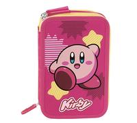KIRBY - Astuccio Scuola Ufficiale Kirby, Astuccio 3 Scomparti Bambina e Bambino con Set Cancelleria, Penna Cancellabile Blu, Pratica Chiusura a Zip, 20x13Hx7cm, Rosa