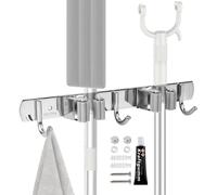 KIRZAX Portascope da Muro in Acciaio Inox, Porta Scope Parete, con 2 Supporti e 3 Ganci, Appendi Scope a Muro Avvitabile, Per Cucina, Bagno, Garage e Giardino, Grigio
