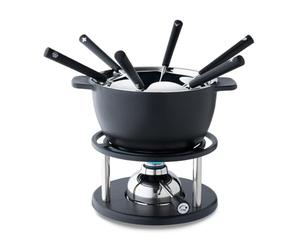 Kisag Set per fonduta Doppia, in ghisa, per 6 Persone, con pentola in ghisa, Diametro 16 cm, Adatto a induzione, fonduta Svizzera, con bruciatore a Gas e 6 forchette da fonduta, Set per fonduta