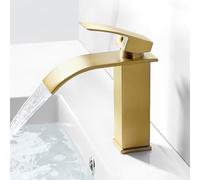 kisimixer Rubinetto per Lavabo Cascata Oro Spazzolato, Miscelatore Monocomando per Lavabo in Ottone con Altezza Bocca 115mm, Rubinetto Bagno Lavabo Cascata con Cartuccia in Ceramica (Senza Drenaggio)