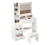 kiskick Vanity Desk con specchio e luci, piccolo tavolo da trucco e sgabello, 5 cassetti e 6 ripiani, tavolo da toeletta Vanitys con luci regolabili in 3 colori, tavolo da toeletta - bianco e bianco