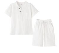 KISLOVE Abbigliamento estivo per bambini, in cotone e lino, con colletto Henley, camicia a maniche corte con pantaloncini, set da 2 pezzi, abbigliamento casual per 4-14 anni, bianco, 8