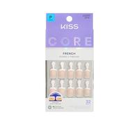 KISS CORE - Unghie finte a pressione, con punta francese, "Perfection", colore bianco, petite squoval, 32 pezzi