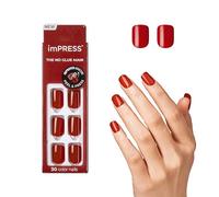 KISS imPRESS No Glue Mani Press On Nails, Colore, 'Reddy or Not', rosso, formato corto, forma quadrata, include 30 unghie, tampone di preparazione, foglio di istruzioni, 1 bastoncino per manicure, 1