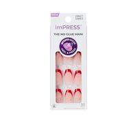 KISS imPRESS No Glue Mani Press On Nails, design Happy World, rosso, di medie dimensioni, forma a bara, include 30 unghie, tampone di preparazione, foglio di istruzioni, 1 bastoncino per manicure, 1