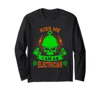 Kiss Me I'm A Electrician Skull Shamrock St Patricks Day Maglia a Manica