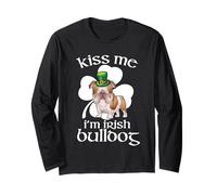 Kiss Me I'm Bulldog Dog Shamrock St Patricks Day Maglia a Manica