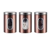 kiss me Set di 3 barattoli da cucina, in acciaio inox, con finestra, per caffè, tè, zucchero, per casa, cucina, bancone (bronzante)