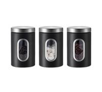 kiss me Set di 3 barattoli per tè, caffè e zucchero, in acciaio inox, con finestra visibile, per casa, cucina, bancone (nero)