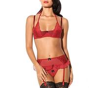 Kiss Me SET 'sfacciato Girl' Soutien-Gorge 1/4, Porte-giarrettiera & G-string en Tulle Rouge vita M
