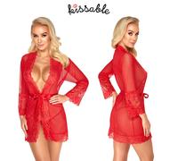 Kissable Camicia da Notte Kimono Rosso in Rete Trasparente Maniche 3/4 con Pizzo