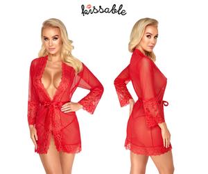 Kissable Camicia da Notte Kimono Rosso in Rete Trasparente Maniche 3/4 con Pizzo