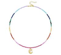 KissYan Collana di perle colorate da donna, in oro 14 carati, con lettera a bolla di colore oro boho e perle iniziali, con ciondolo arcobaleno, colorato per l'estate e la spiaggia, Rame, Nessuna