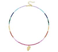 KissYan Collana di perle colorate da donna, in oro 14 carati, con lettera a bolla di colore oro boho e perle iniziali, con ciondolo arcobaleno, colorato per l'estate e la spiaggia, Rame, Nessuna