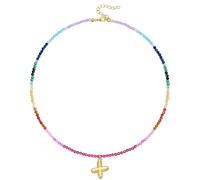 KissYan Collana di perle colorate da donna, in oro 14 carati, con lettera a bolla di colore oro boho e perle iniziali, con ciondolo arcobaleno, colorato per l'estate e la spiaggia, Rame, Nessuna