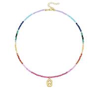 KissYan Collana di perle colorate da donna, in oro 14 carati, con lettera a bolla di colore oro boho e perle iniziali, con ciondolo arcobaleno, colorato per l'estate e la spiaggia, Rame, Nessuna