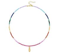 KissYan Collana di perle colorate da donna, in oro 14 carati, con lettera a bolla di colore oro boho e perle iniziali, con ciondolo arcobaleno, colorato per l'estate e la spiaggia, Rame, Nessuna