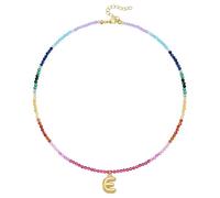 KissYan Collana di perle colorate da donna, in oro 14 carati, con lettera a bolla di colore oro boho e perle iniziali, con ciondolo arcobaleno, colorato per l'estate e la spiaggia, Rame, Nessuna
