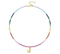 KissYan Collana di perle colorate da donna, in oro 14 carati, con lettera a bolla di colore oro boho e perle iniziali, con ciondolo arcobaleno, colorato per l'estate e la spiaggia, Rame, Nessuna
