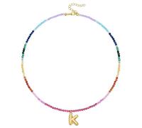 KissYan Collana di perle colorate da donna, in oro 14 carati, con lettera a bolla di colore oro boho e perle iniziali, con ciondolo arcobaleno, colorato per l'estate e la spiaggia, Rame, Nessuna