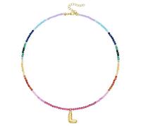 KissYan Collana di perle colorate da donna, in oro 14 carati, con lettera a bolla di colore oro boho e perle iniziali, con ciondolo arcobaleno, colorato per l'estate e la spiaggia, Rame, Nessuna
