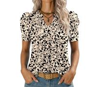 Kistore Top da donna a maniche corte a sbuffo, scollo a V, top estivo da donna, camicette alla moda UK camicie S-XXL, Albicocca Nero Floreale, XL