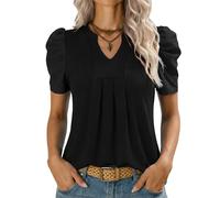 Kistore Top da donna a maniche corte a sbuffo, scollo a V, top estivo da donna, camicette alla moda UK camicie S-XXL, Nero , L