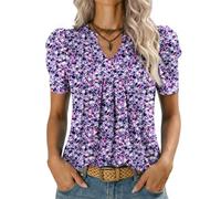 Kistore Top da donna a maniche corte a sbuffo, scollo a V, top estivo da donna, camicette alla moda UK camicie S-XXL, Viola Bianco Floreale, M
