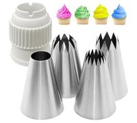 Kisvic Set di beccucci grandi con adattatore, 4 beccucci in acciaio inox antiruggine (XL) per sac à pochette, decorazioni per cupcakes torte, glassa, biscotti