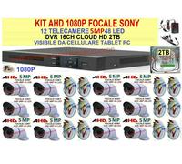 KIT 1080P VIDEOSORVEGLIANZA AHD 12 TELECAMERE 5MP SONY+DVR 16 CANALI+CAVI+HD-2TB